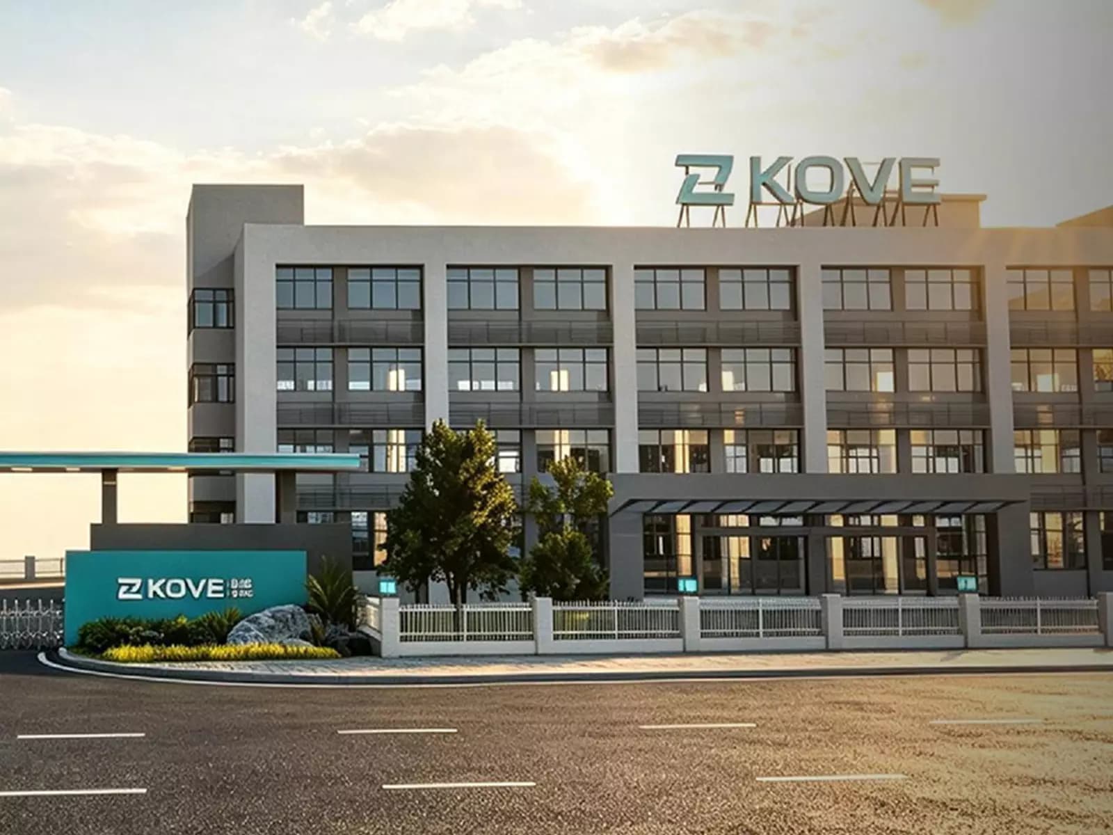 Fachada de la sede de KOVE en Chengdú, con el logotipo de la marca sobre la cubierta y el letrero de acceso a la planta